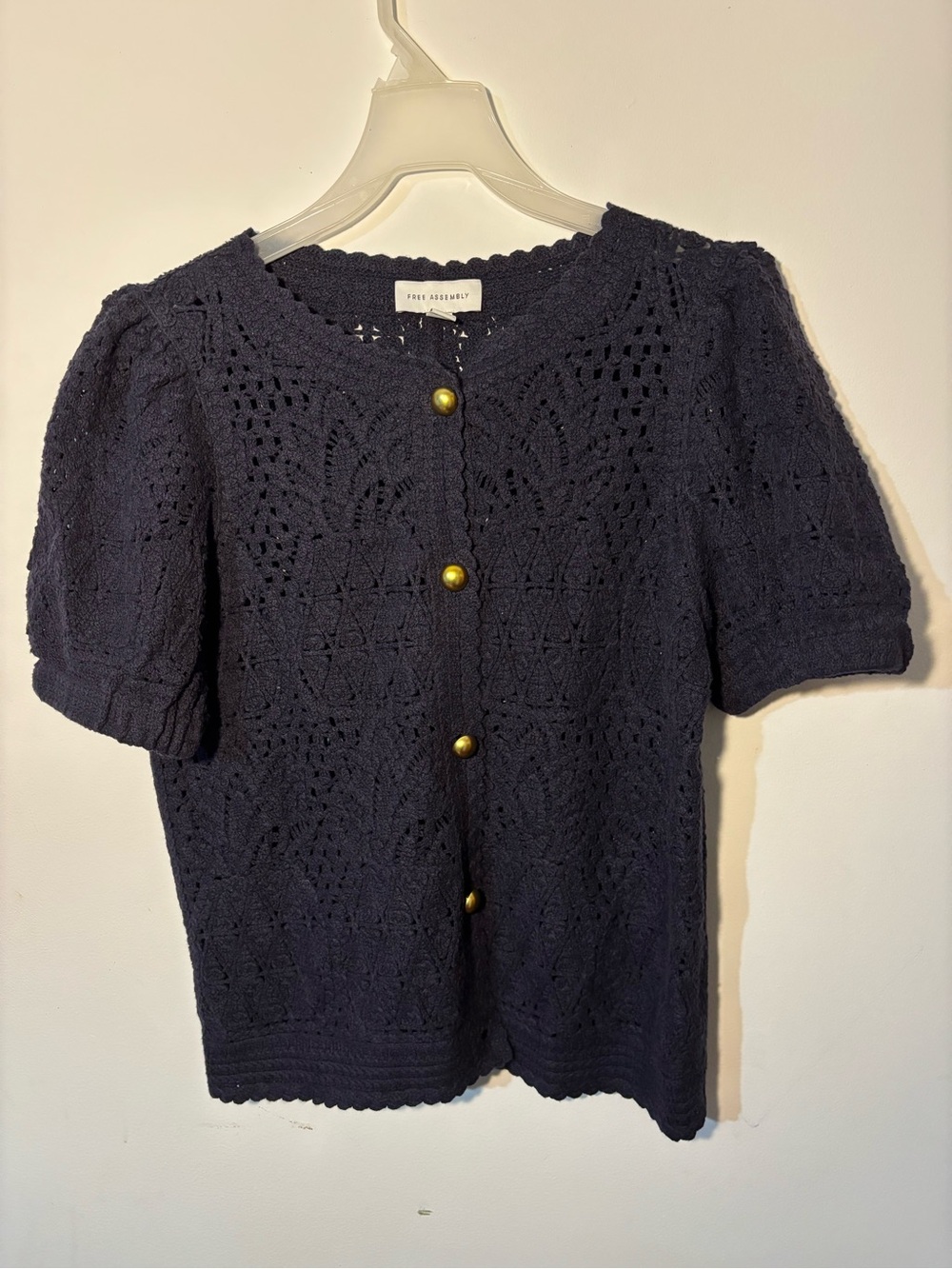 Free Assembly Navy Crochet Knit Puff Sleeve Cardigan Gold Buttons Size S
